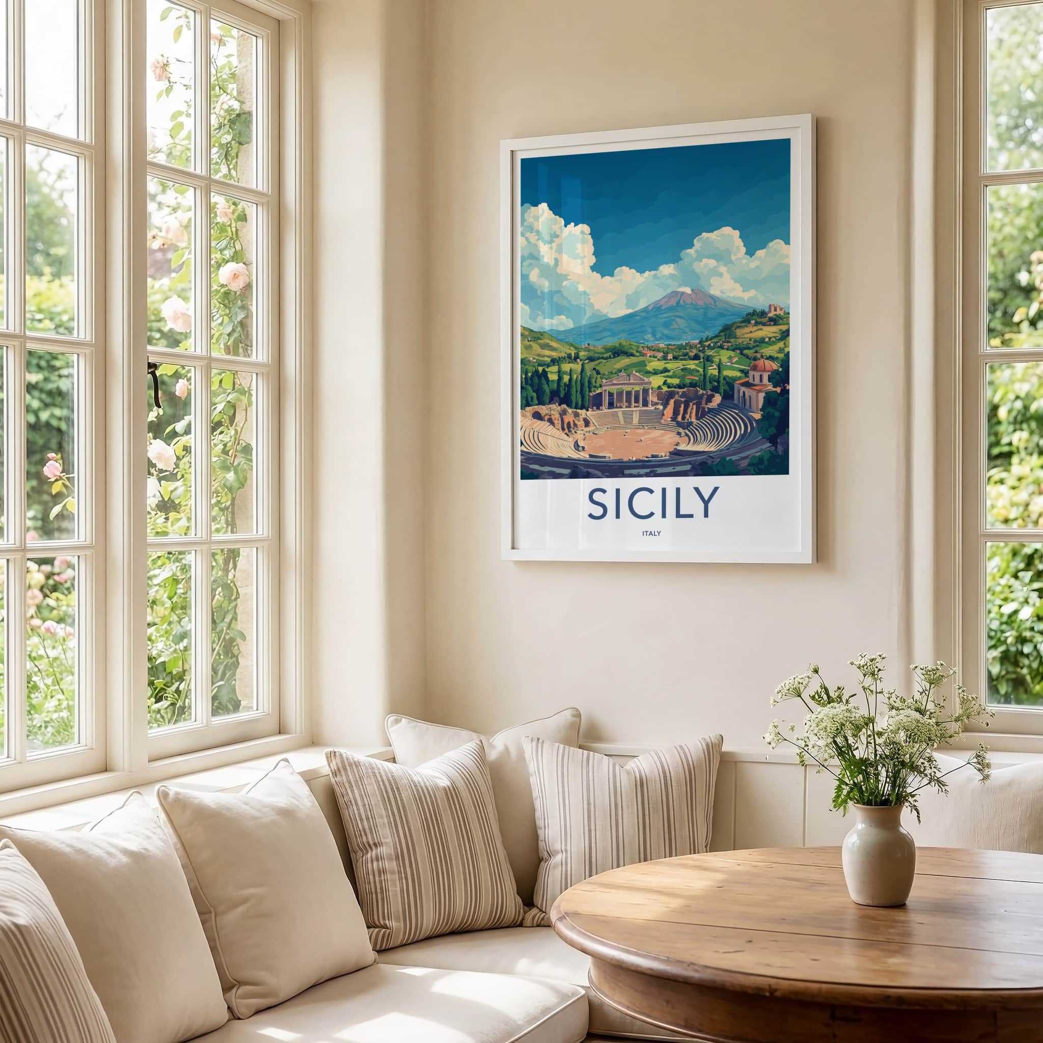Sicily Poster - Italy Travel Art - Ancient Theater Etna Wall Decor