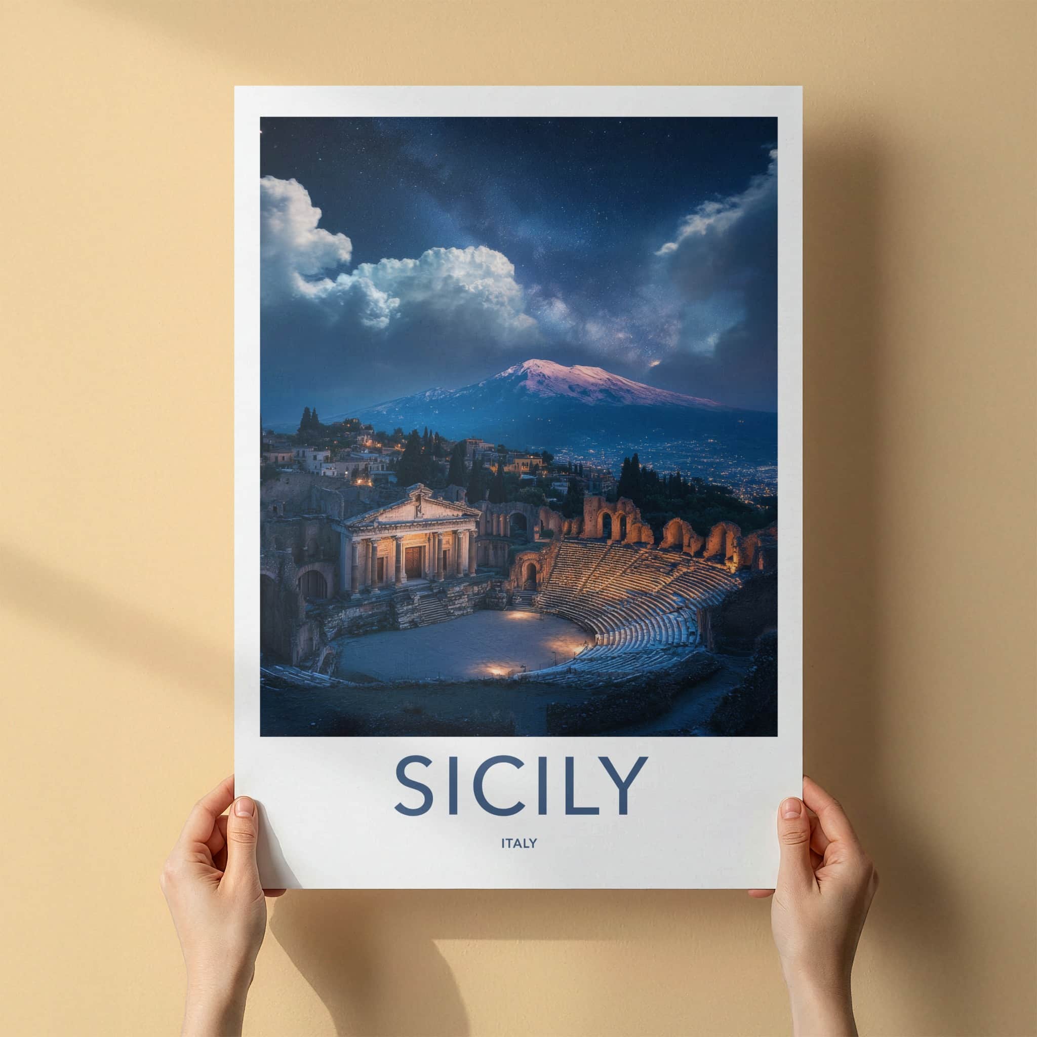 Sicily Poster - Italy Travel Art - Theater Mountain Stars Home Decor