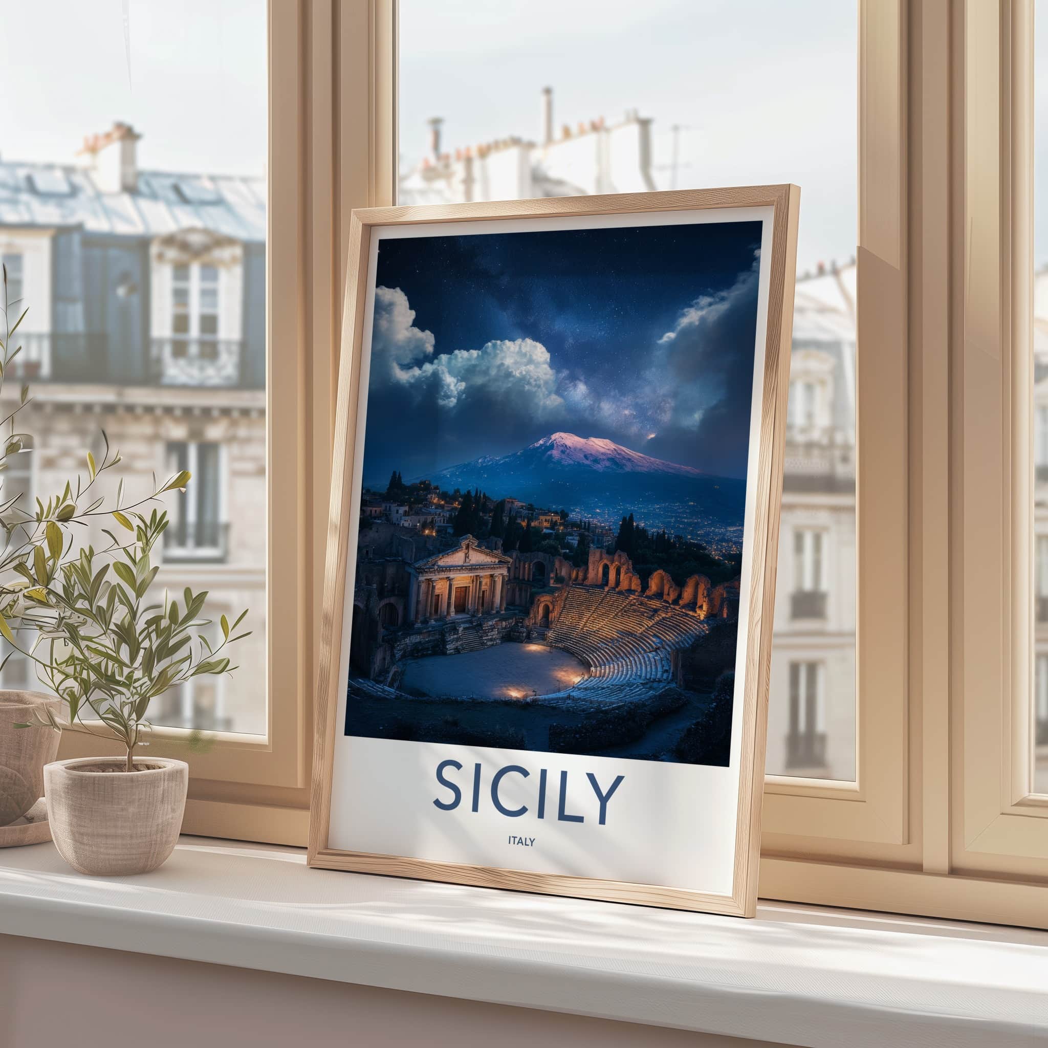 Sicily Poster - Italy Travel Art - Theater Mountain Stars Home Decor