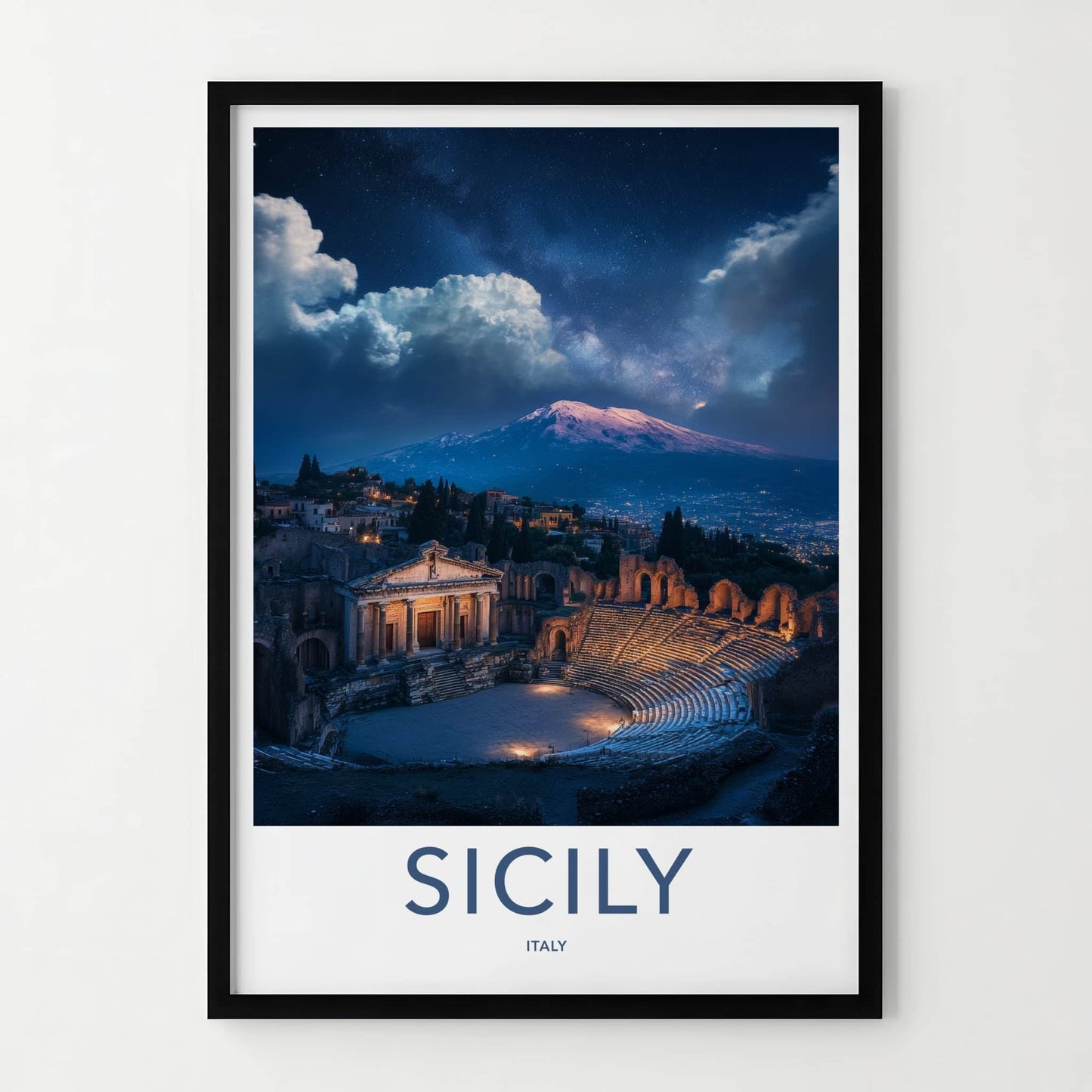 Sicily Poster - Italy Travel Art - Theater Mountain Stars Home Decor