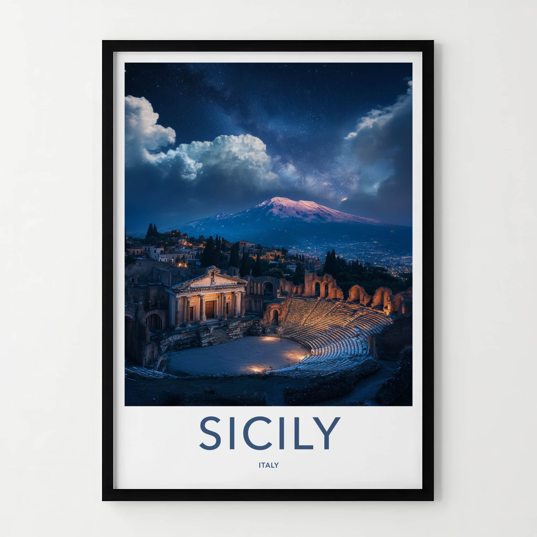 Sicily Poster - Italy Travel Art - Theater Mountain Stars Home Decor