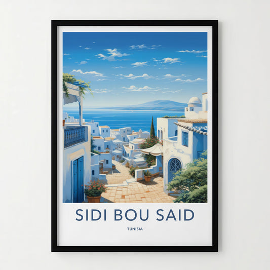Sidi Bou Said Poster - Tunisia Travel Art - White Coastal Village Home Decor