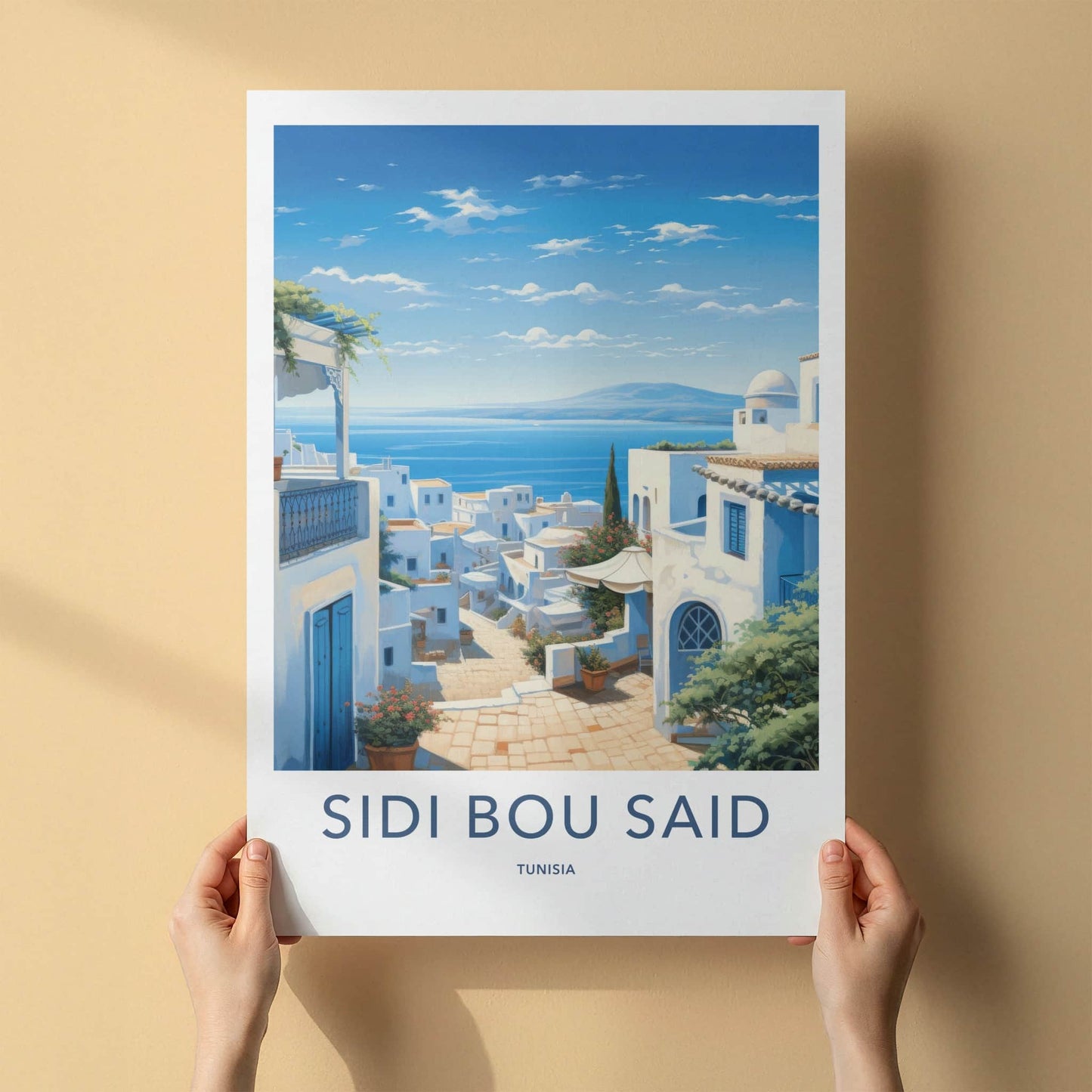 Sidi Bou Said Poster - Tunisia Travel Art - White Coastal Village Home Decor
