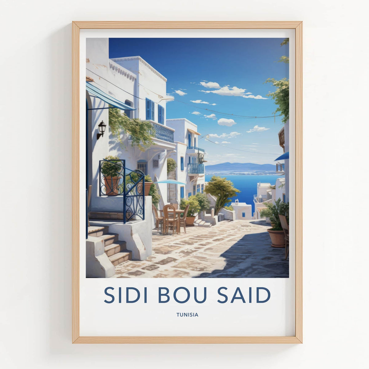 Sidi Bou Said Poster - Tunisia Travel Art - White Village Seascape Wall Decor