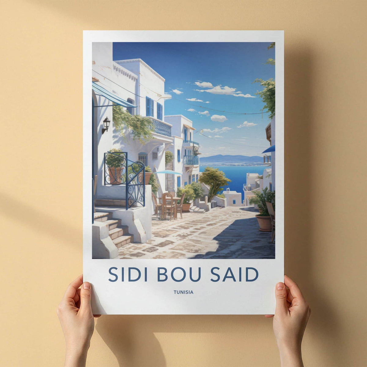 Sidi Bou Said Poster - Tunisia Travel Art - White Village Seascape Wall Decor
