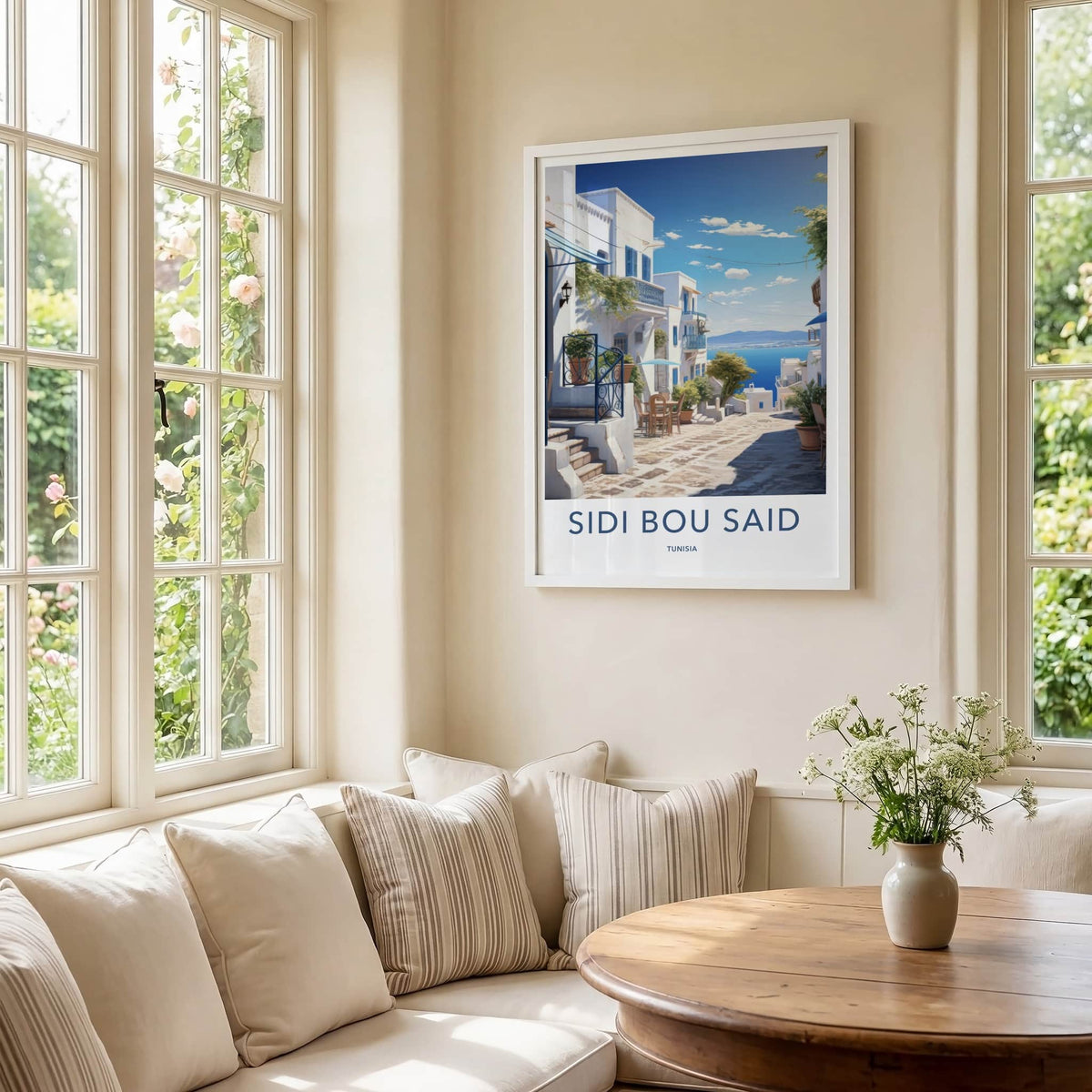 Sidi Bou Said Poster - Tunisia Travel Art - White Village Seascape Wall Decor