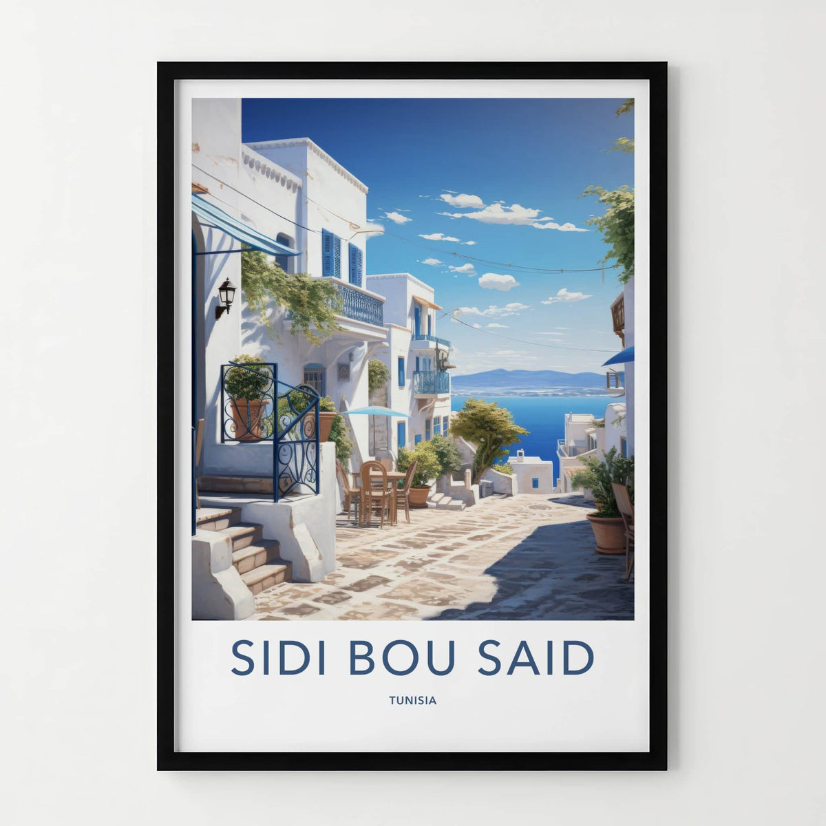 Sidi Bou Said Poster - Tunisia Travel Art - White Village Seascape Wall Decor