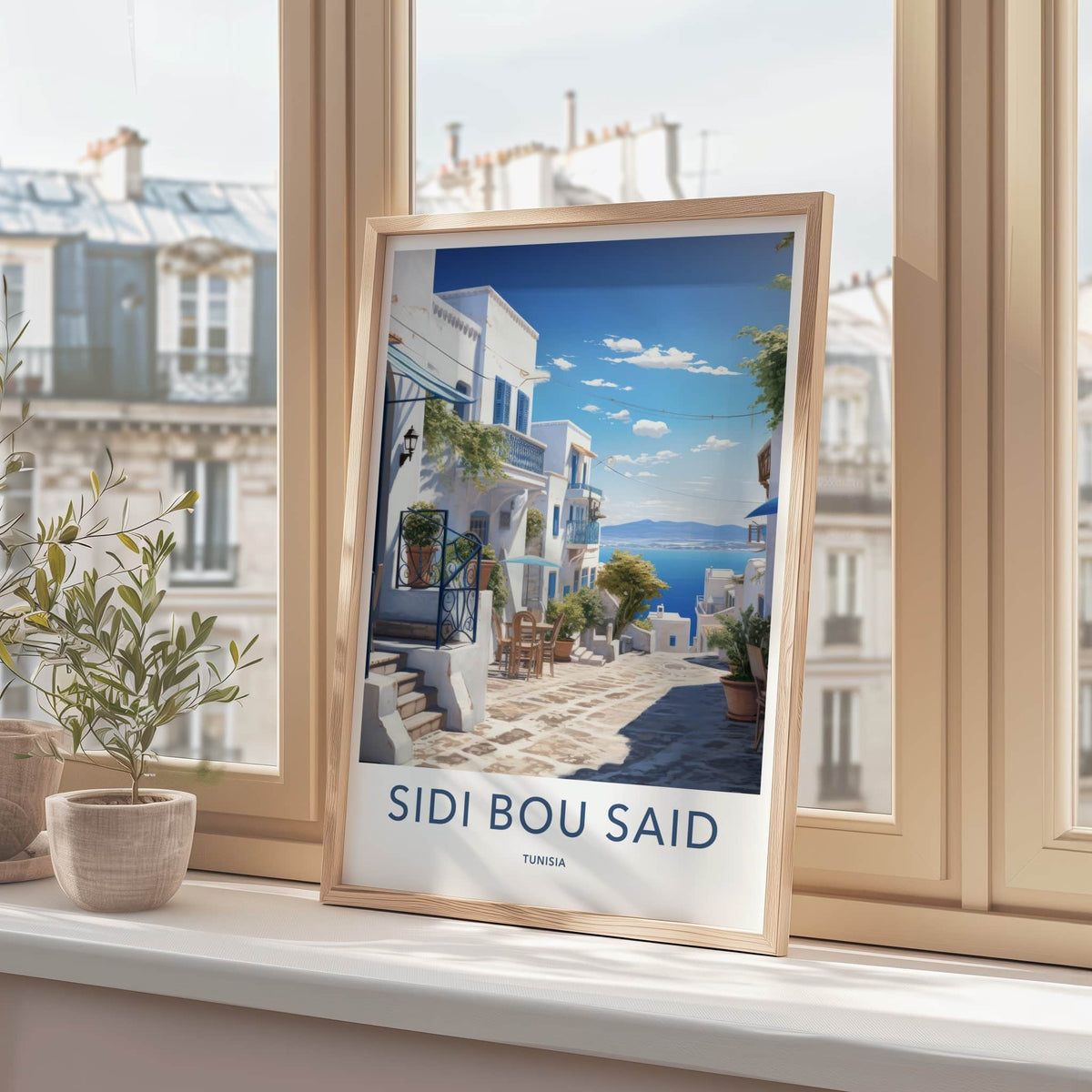 Sidi Bou Said Poster - Tunisia Travel Art - White Village Seascape Wall Decor