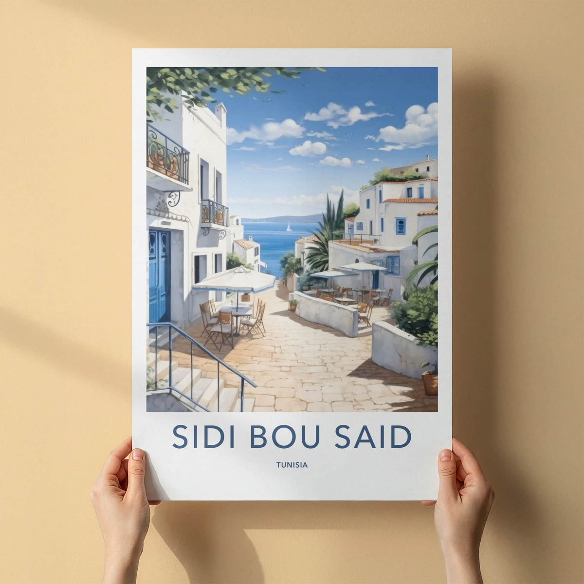 Sidi Bou Said Poster - Tunisia Travel Art - Whitewashed Village Alley Home Decor