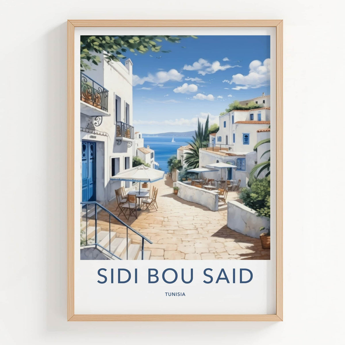 Sidi Bou Said Poster - Tunisia Travel Art - Whitewashed Village Alley Home Decor