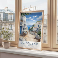 Sidi Bou Said Poster - Tunisia Travel Art - Whitewashed Village Alley Home Decor