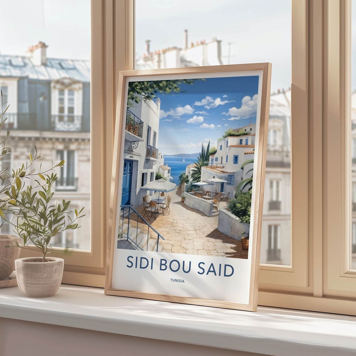 Sidi Bou Said Poster - Tunisia Travel Art - Whitewashed Village Alley Home Decor