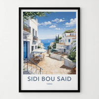 Sidi Bou Said Poster - Tunisia Travel Art - Whitewashed Village Alley Home Decor