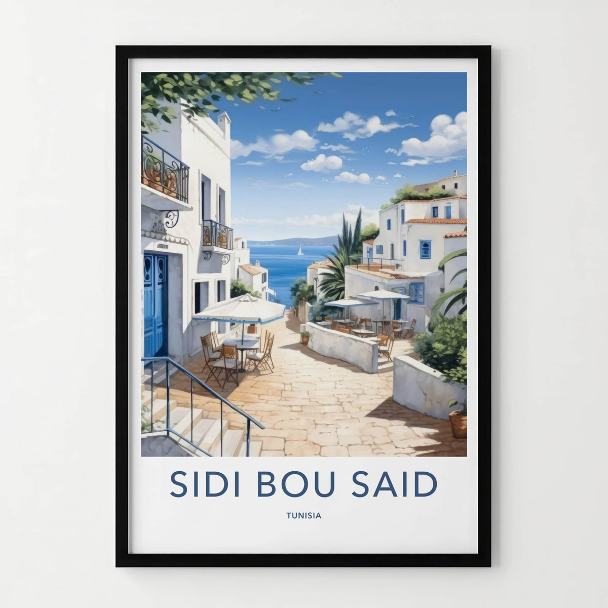 Sidi Bou Said Poster - Tunisia Travel Art - Whitewashed Village Alley Home Decor
