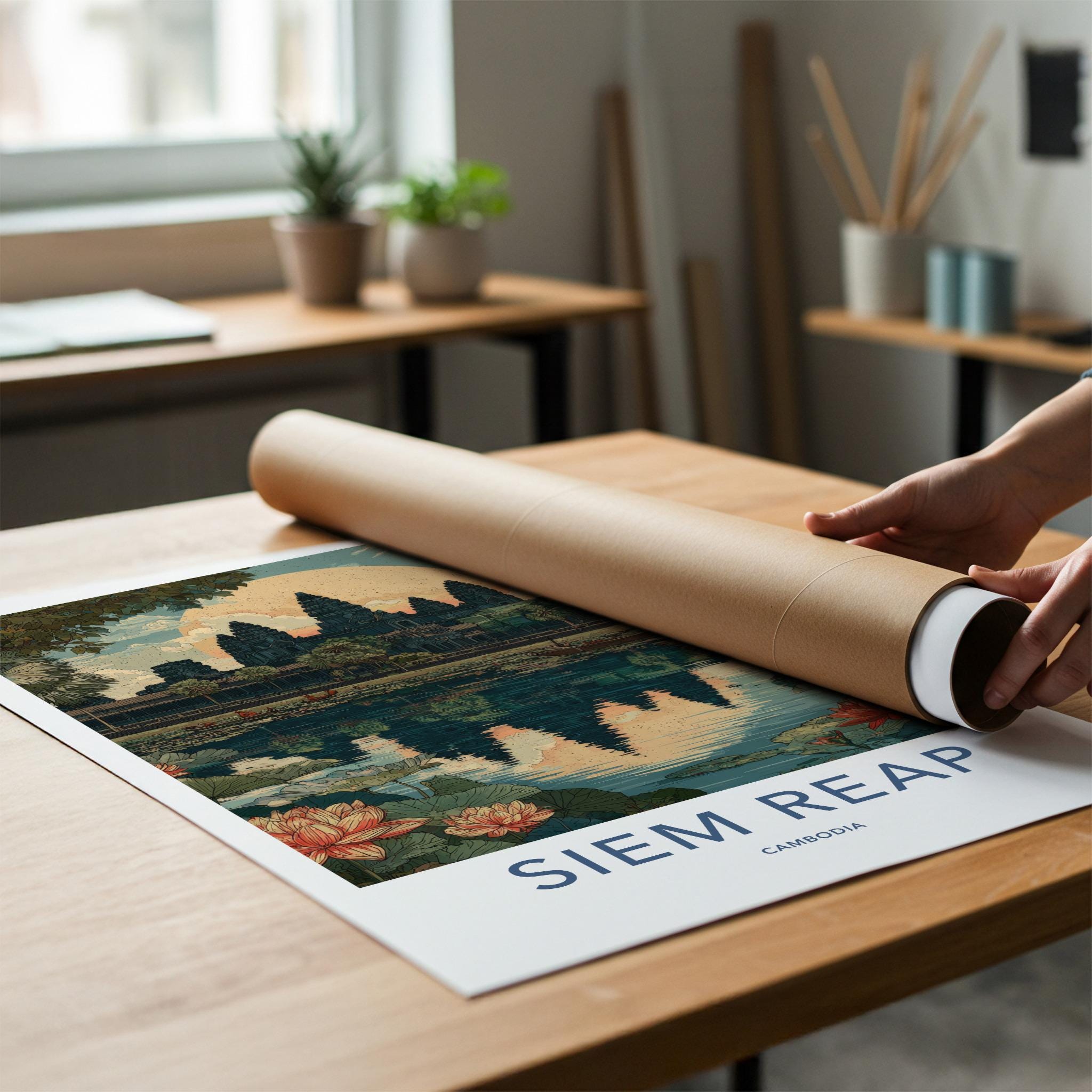 Siem Reap Poster - Cambodia Travel Art - Angkor Wat Reflection Wall Decor