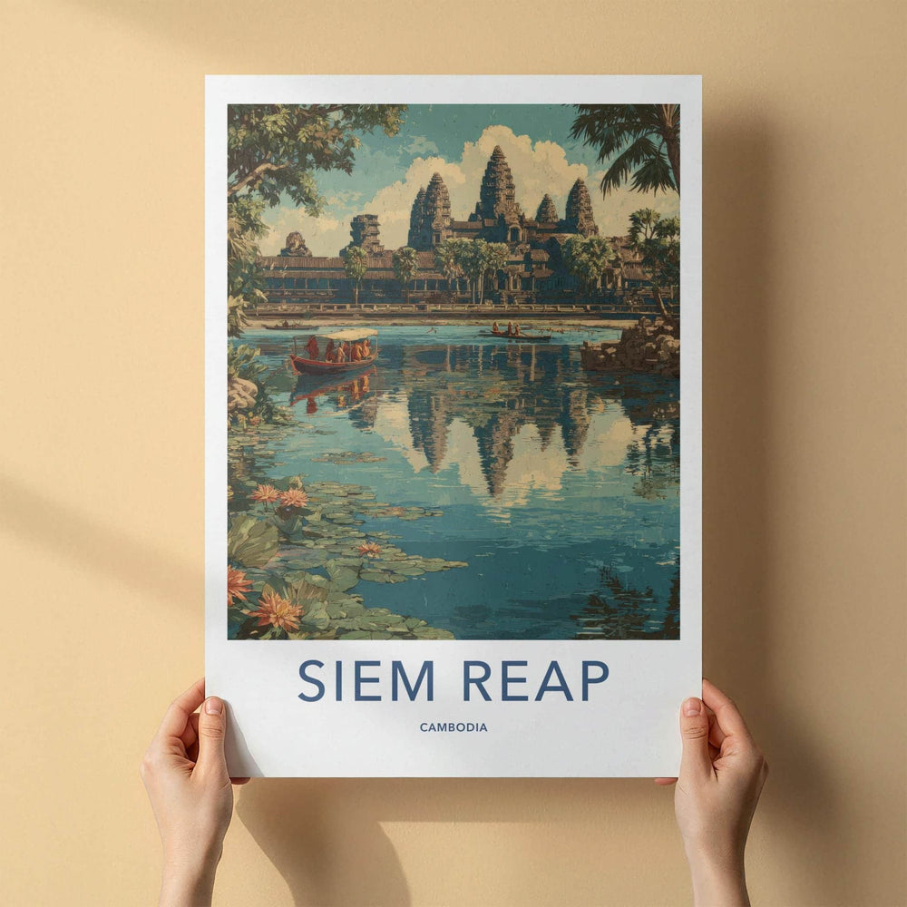 Siem Reap Poster - Cambodia Travel Art - Grand Temple Reflection Home Decor