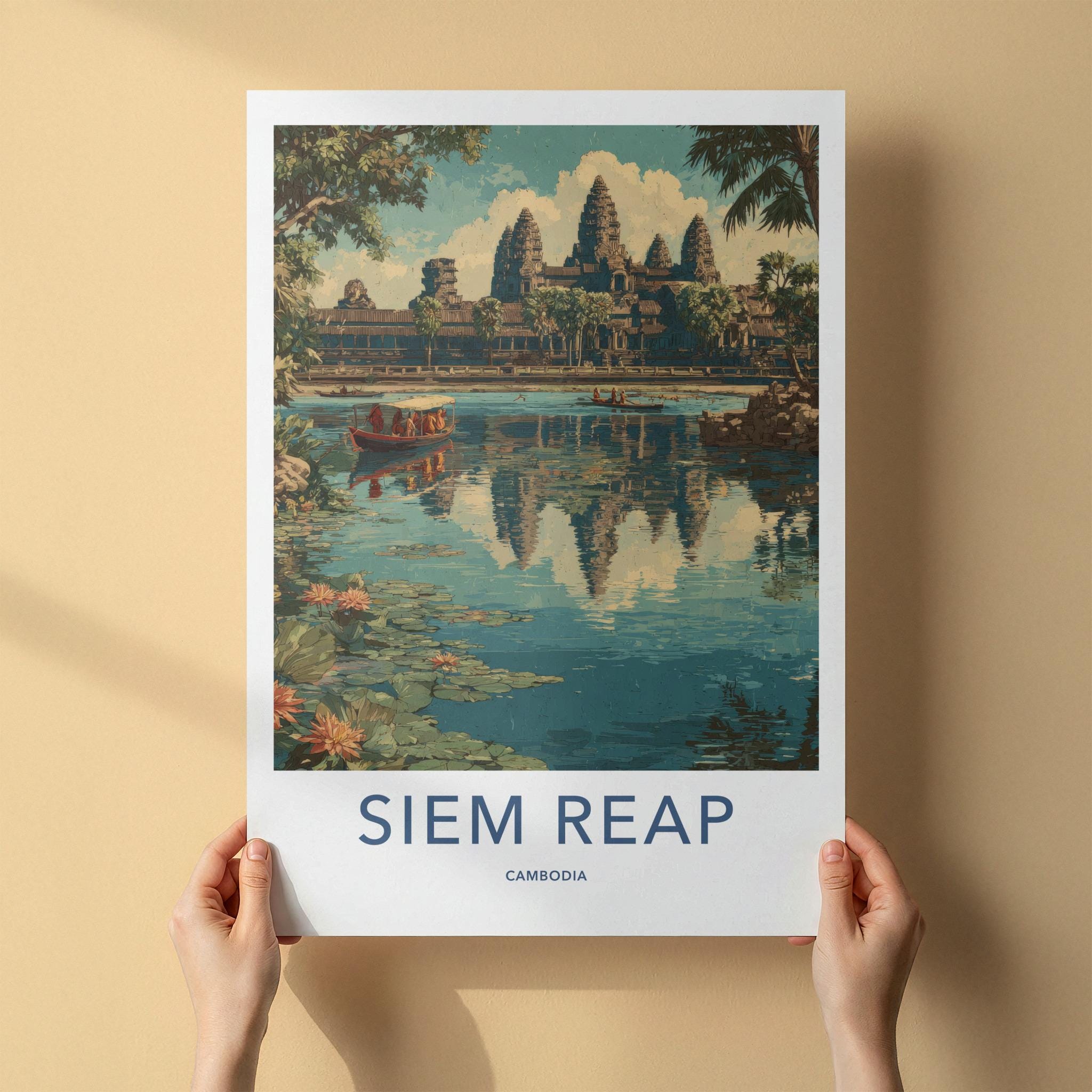 Siem Reap Poster - Cambodia Travel Art - Grand Temple Reflection Home Decor