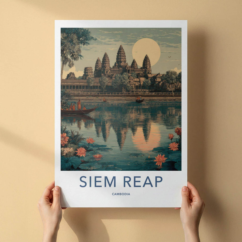 Siem Reap Poster - Cambodia Travel Art - Temple Water Lilies Wall Decor