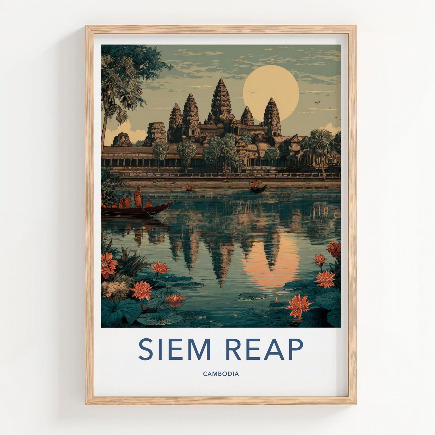 Siem Reap Poster - Cambodia Travel Art - Temple Water Lilies Wall Decor