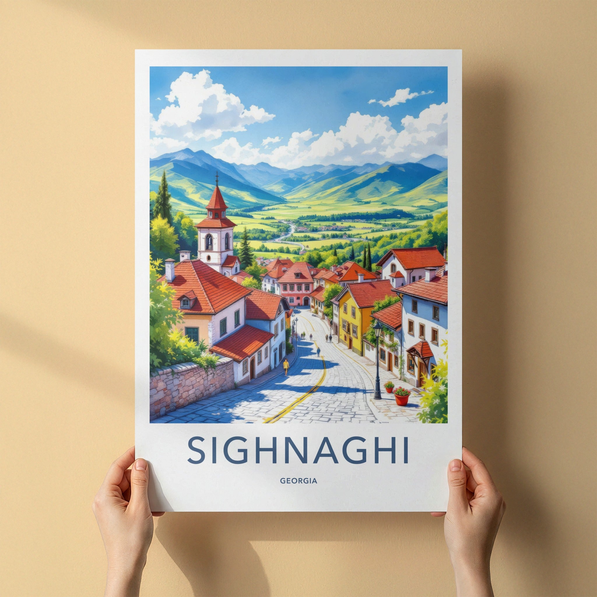Sighnaghi Poster - Georgia Travel Art - Mountain Townscape View Home Decor