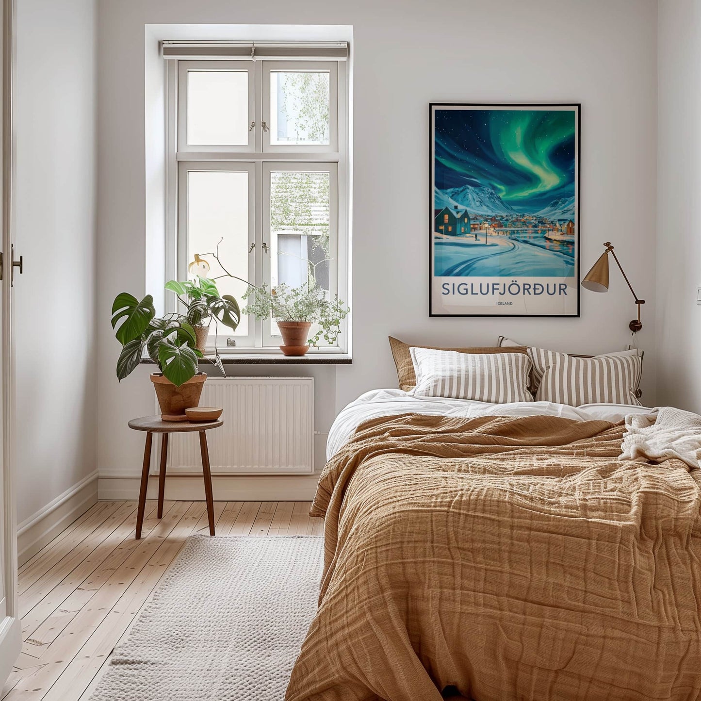 Siglufjordur Poster - Iceland Travel Art - Aurora Snowy Village Wall Decor