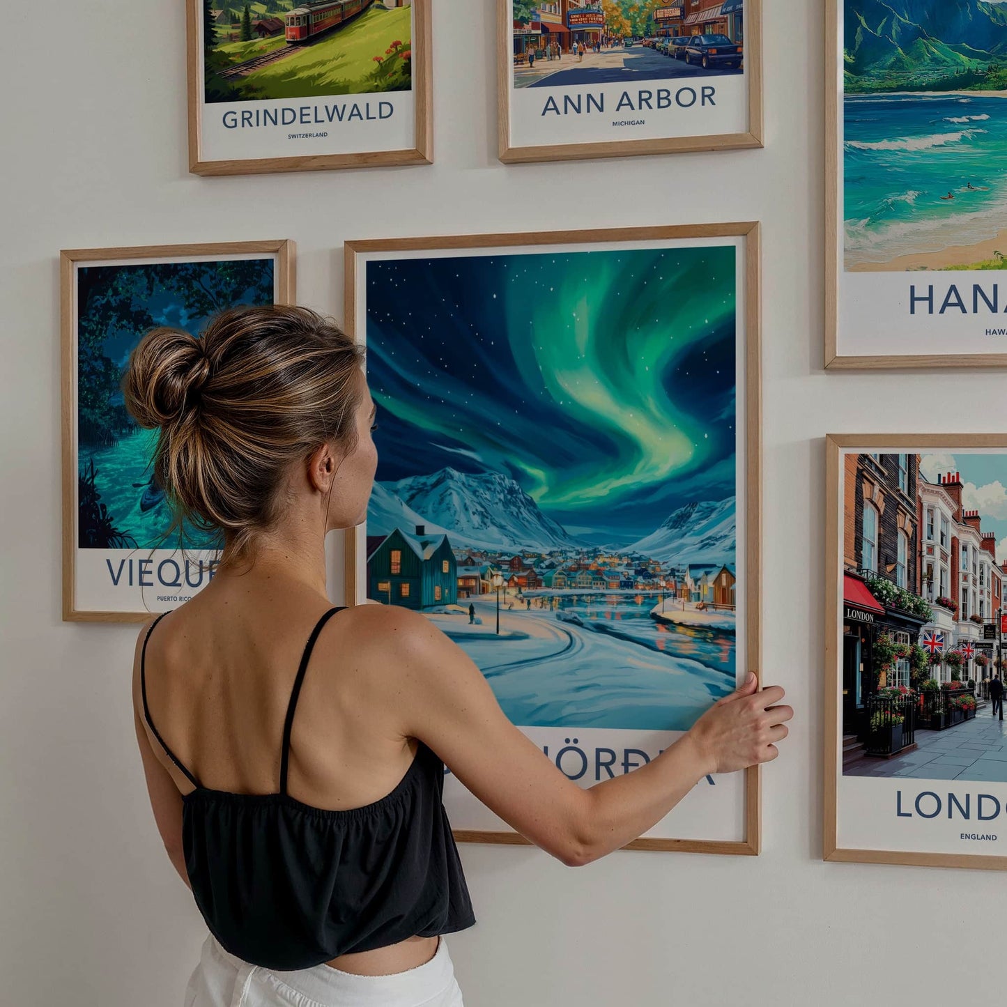 Siglufjordur Poster - Iceland Travel Art - Aurora Snowy Village Wall Decor