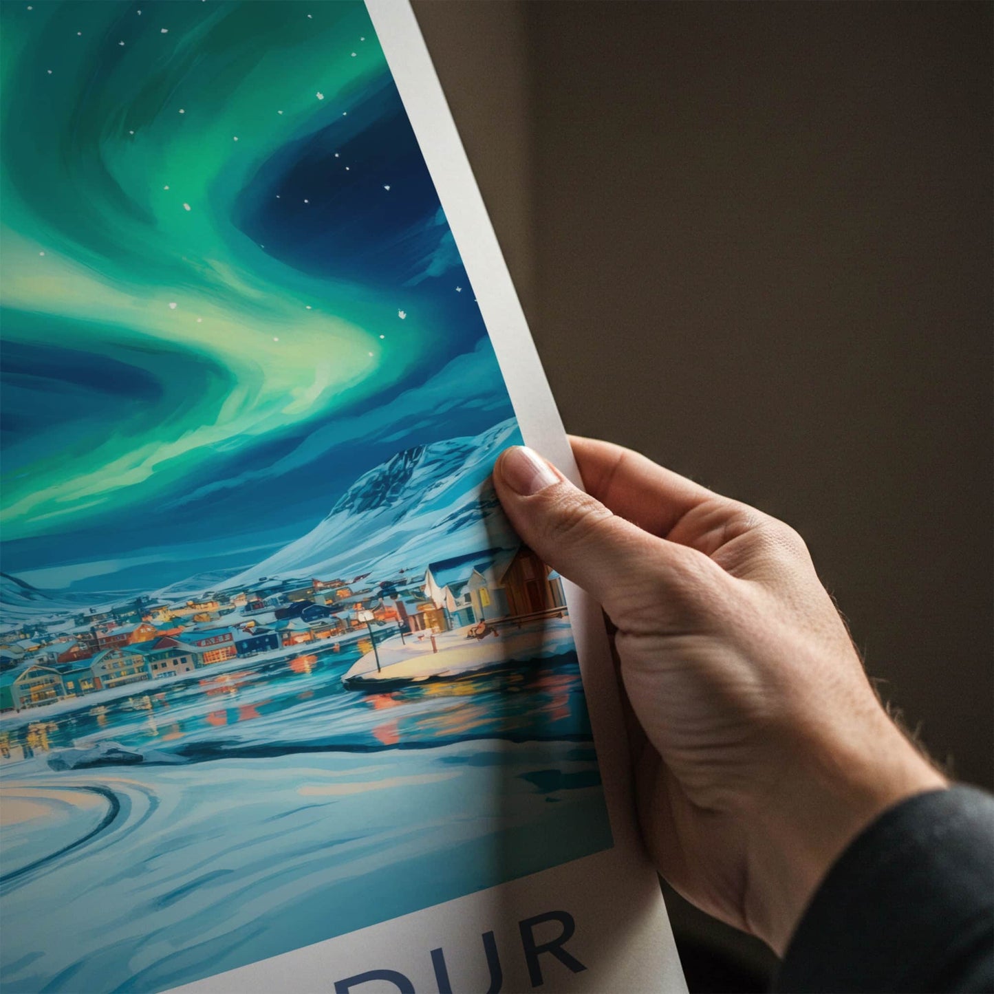 Siglufjordur Poster - Iceland Travel Art - Aurora Snowy Village Wall Decor