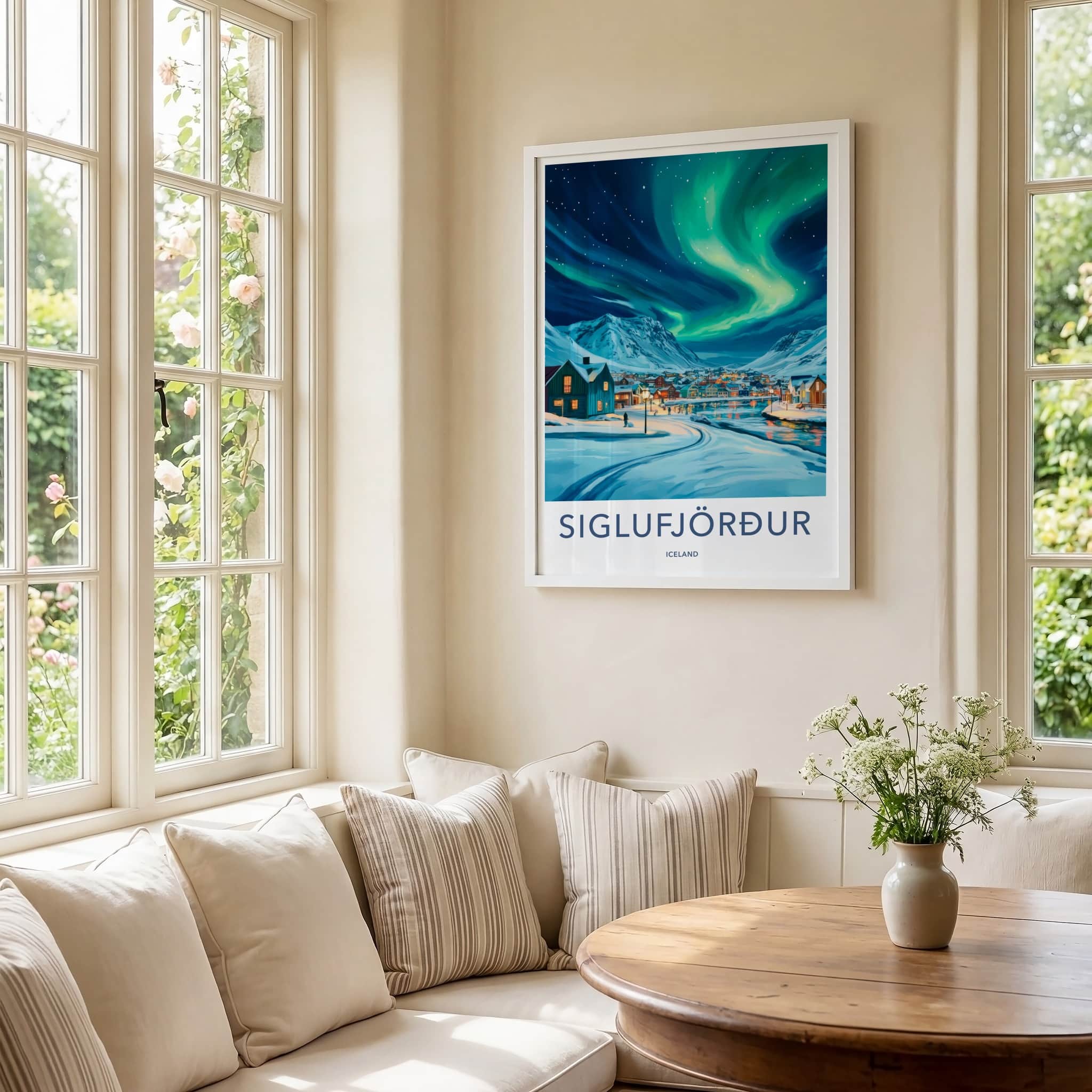 Siglufjordur Poster - Iceland Travel Art - Aurora Snowy Village Wall Decor