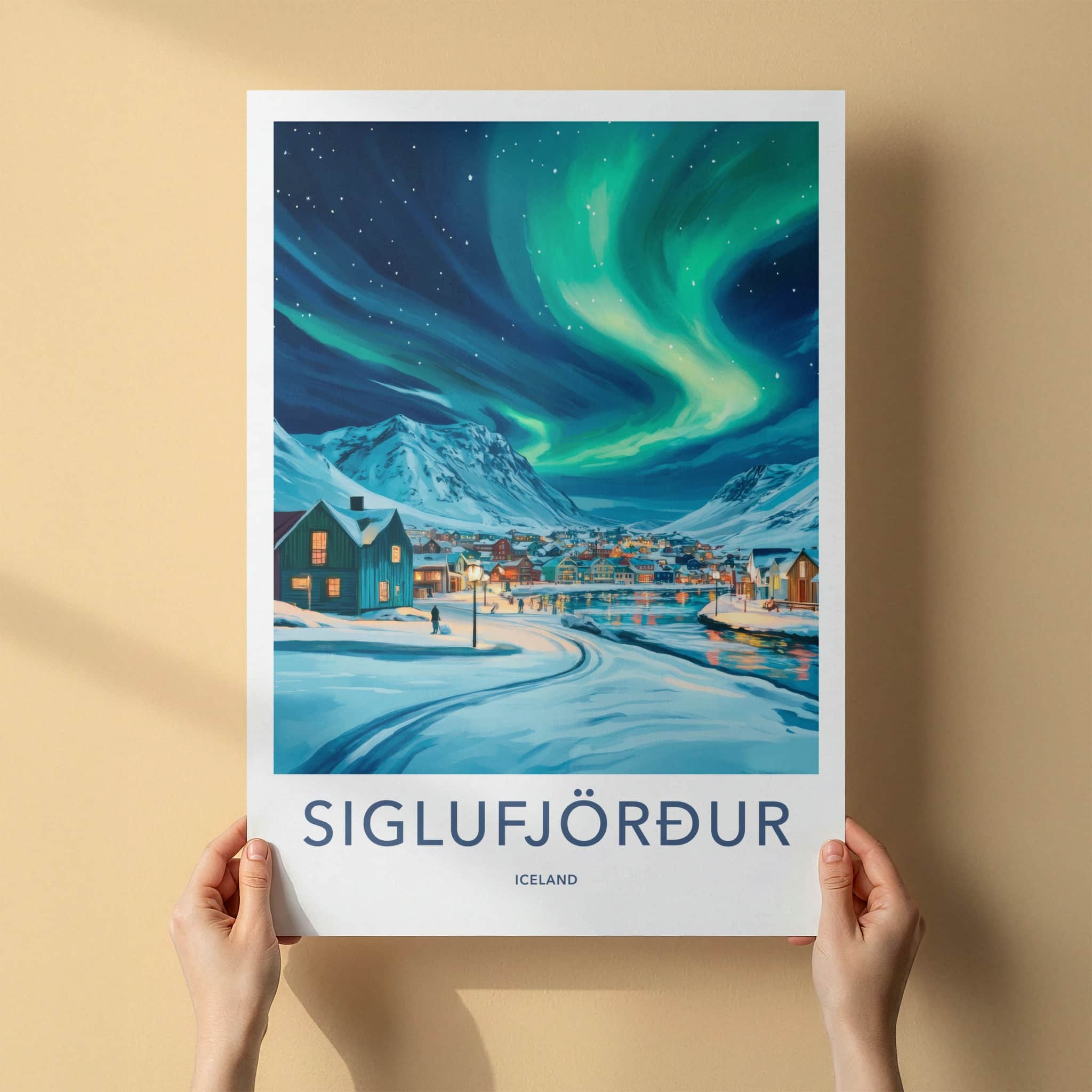 Siglufjordur Poster - Iceland Travel Art - Aurora Snowy Village Wall Decor