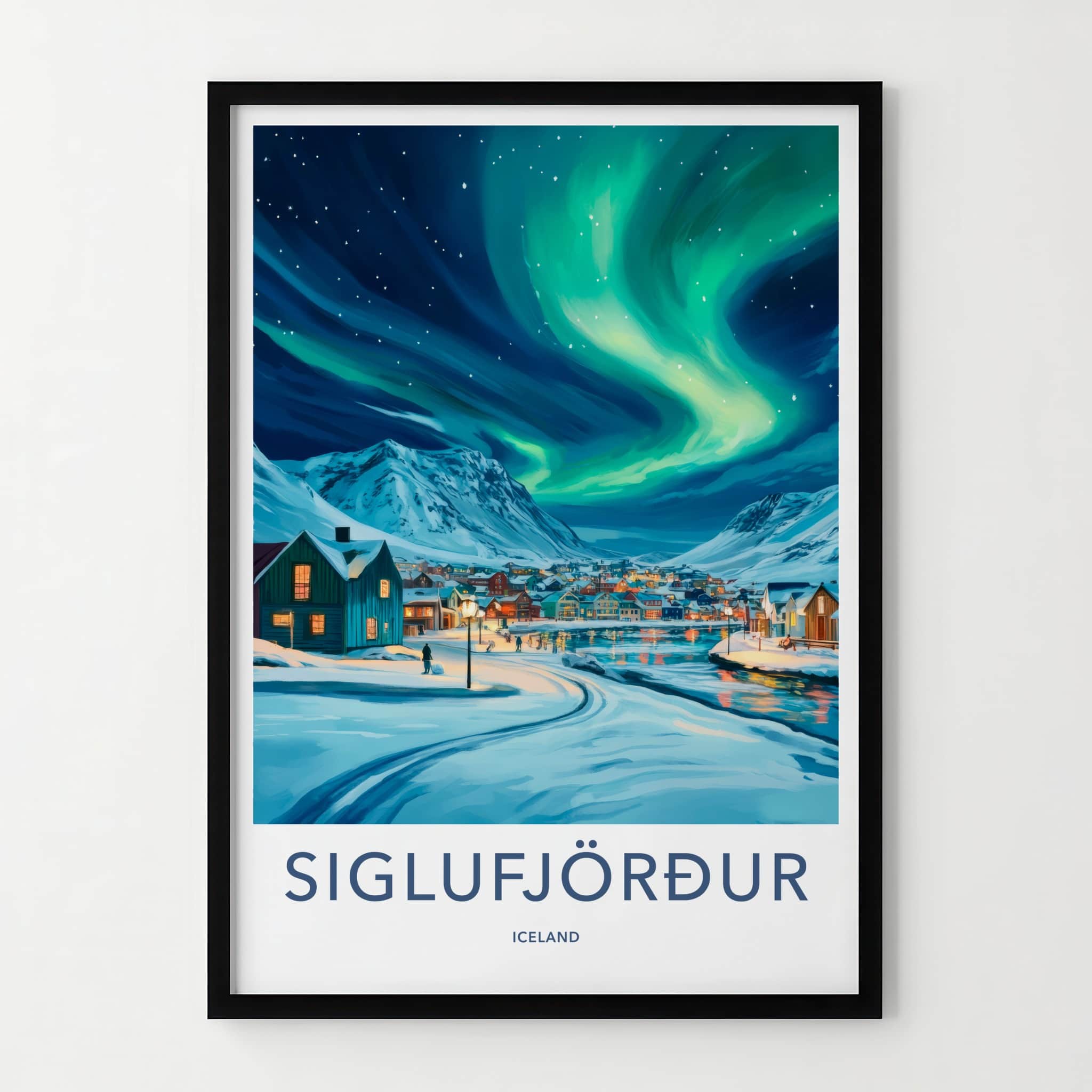 Siglufjordur Poster - Iceland Travel Art - Aurora Snowy Village Wall Decor