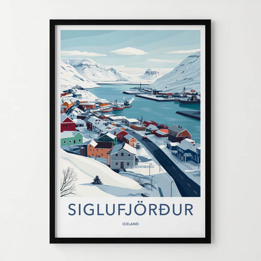 Siglufjordur Poster - Iceland Travel Art - Colorful Snowy Village Home Decor