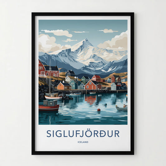 Siglufjordur Poster - Iceland Travel Art - Fjord Mountain Houses Home Decor