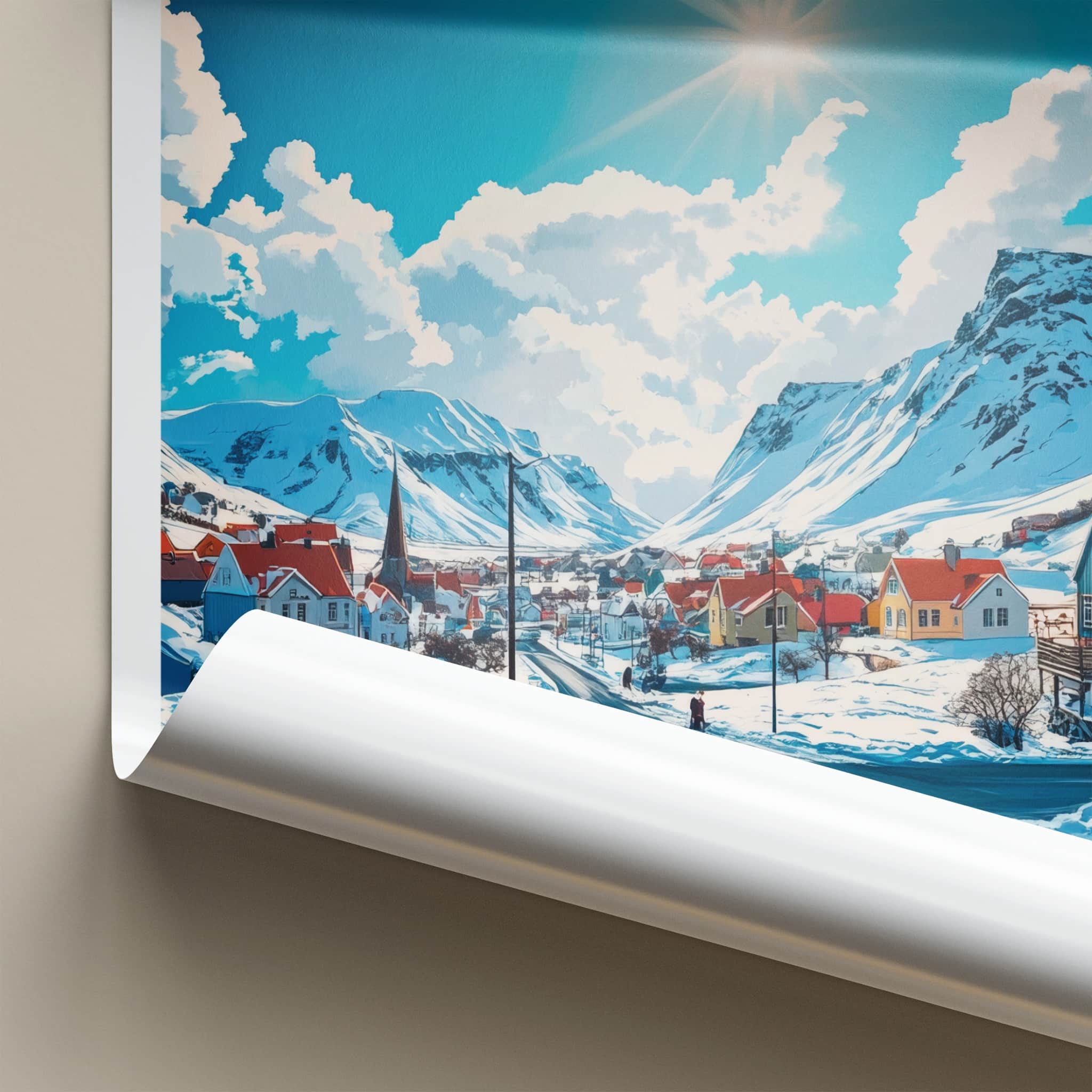 Siglufjordur Poster - Iceland Travel Art - Snowy Mountain Village Home Decor