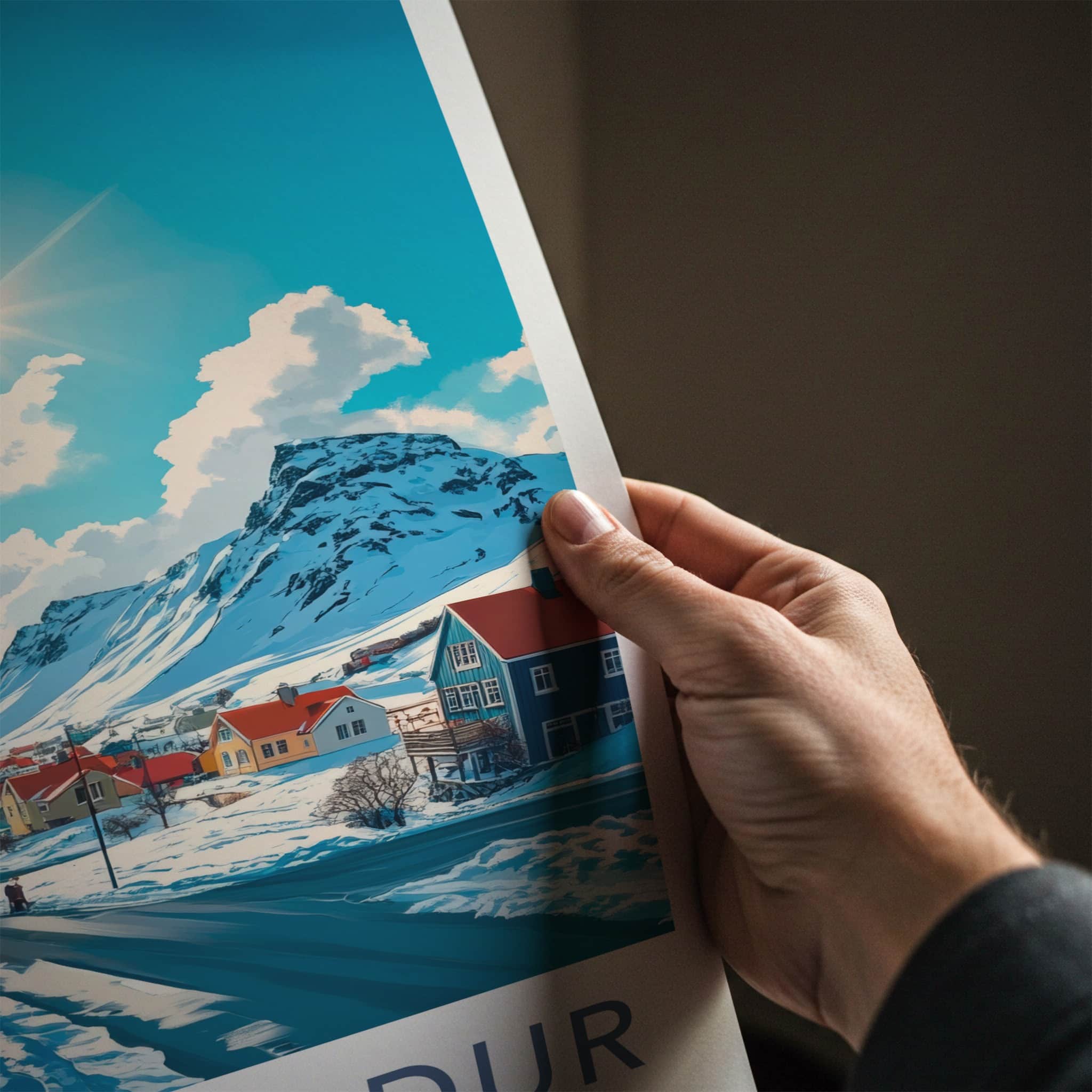 Siglufjordur Poster - Iceland Travel Art - Snowy Mountain Village Home Decor