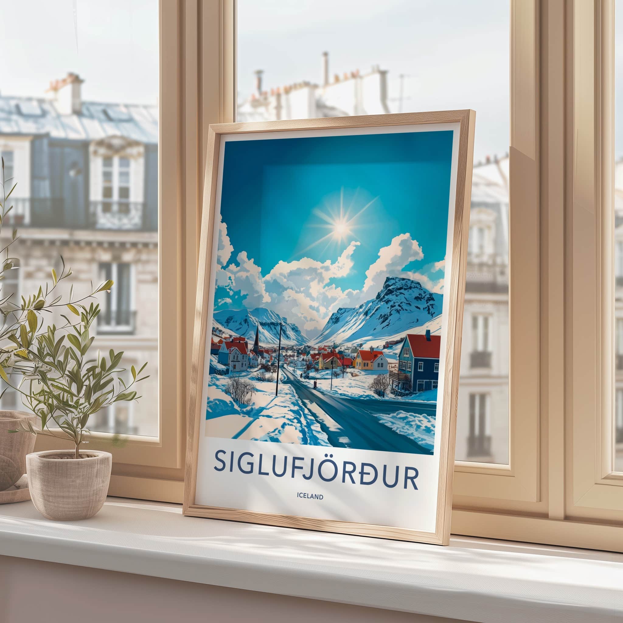 Siglufjordur Poster - Iceland Travel Art - Snowy Mountain Village Home Decor