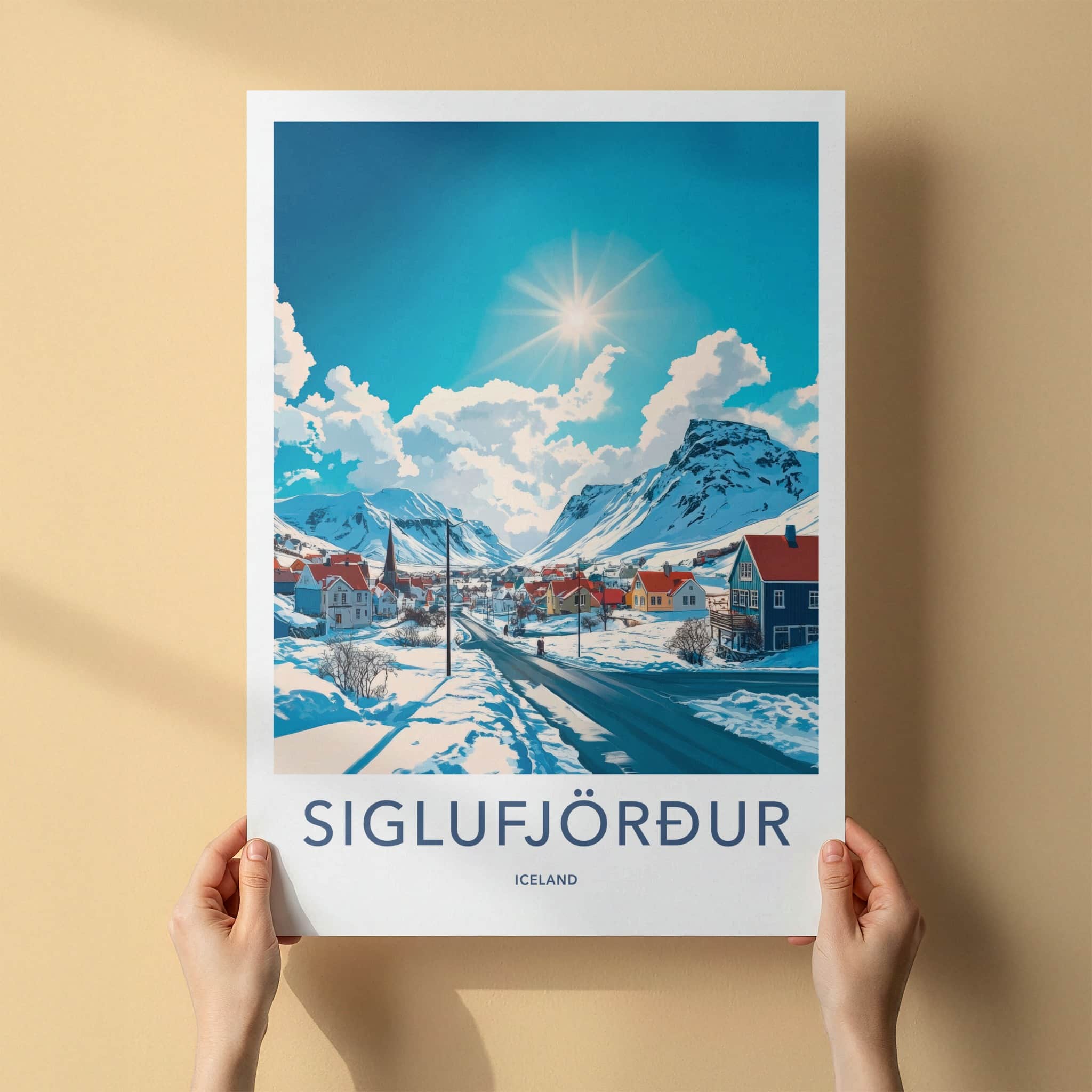 Siglufjordur Poster - Iceland Travel Art - Snowy Mountain Village Home Decor