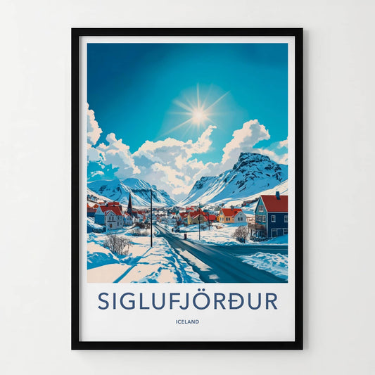 Siglufjordur Poster - Iceland Travel Art - Snowy Mountain Village Home Decor