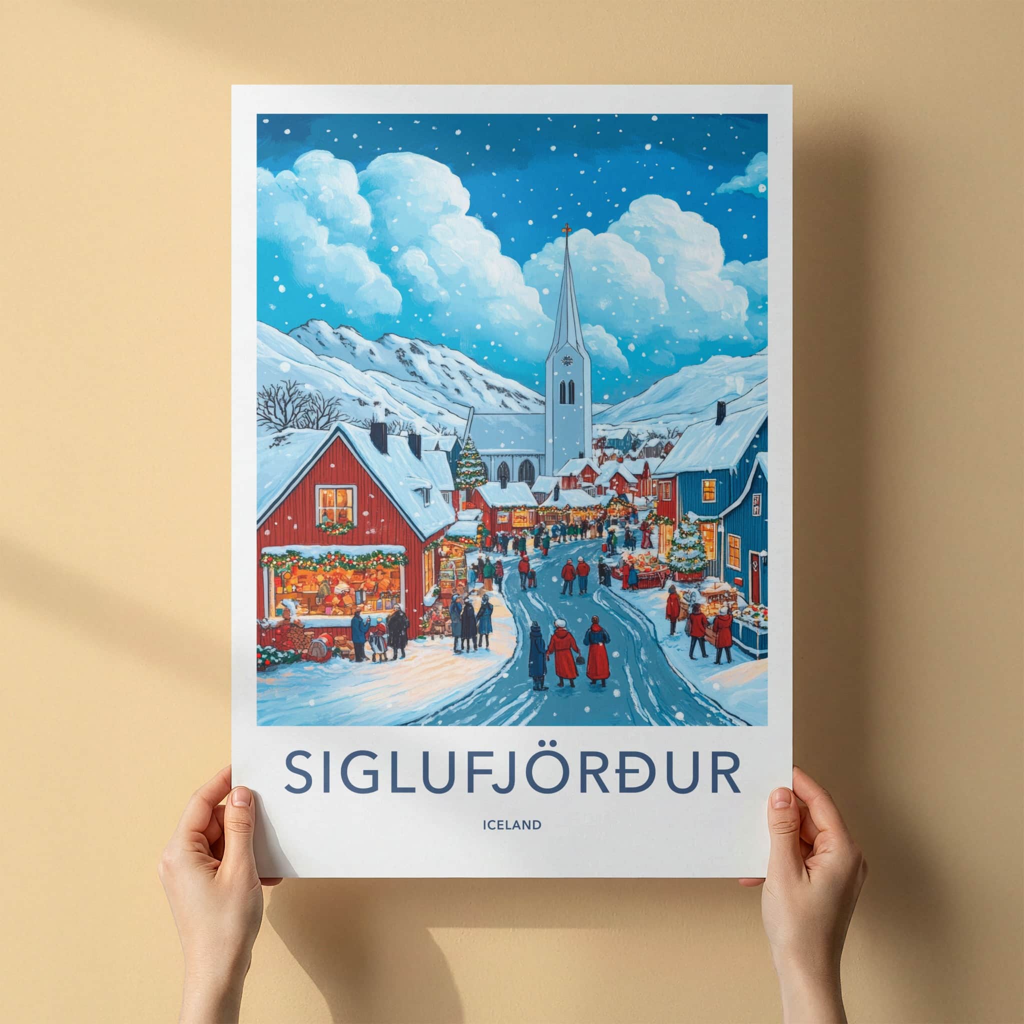 Siglufjordur Poster - Iceland Travel Art - Snowy Town Market Home Decor