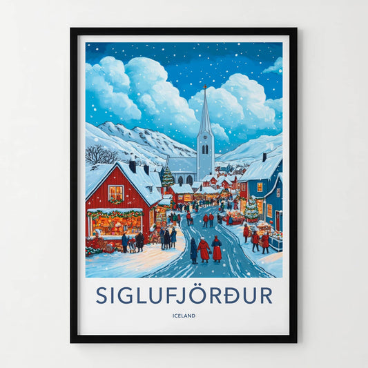 Siglufjordur Poster - Iceland Travel Art - Snowy Town Market Home Decor