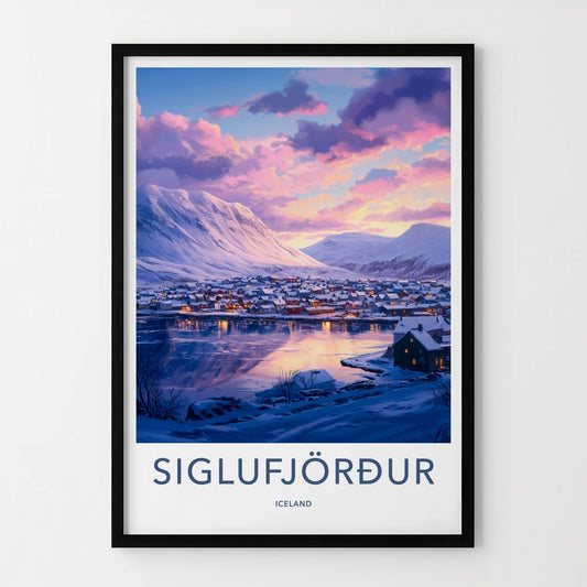 Siglufjordur Poster - Iceland Travel Art - Winter Village Fjord Home Decor