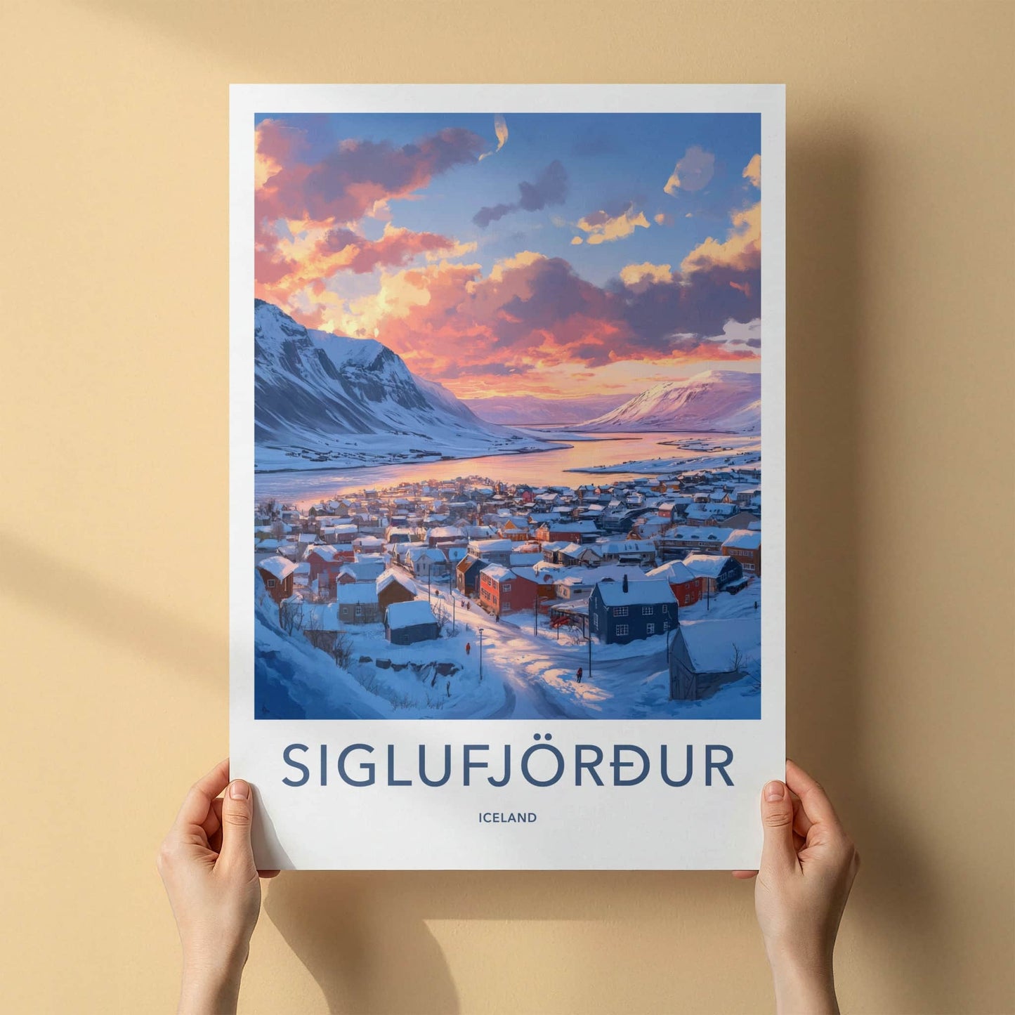 Siglufjordur Poster - Iceland Travel Art - Winter Village Sunset Home Decor