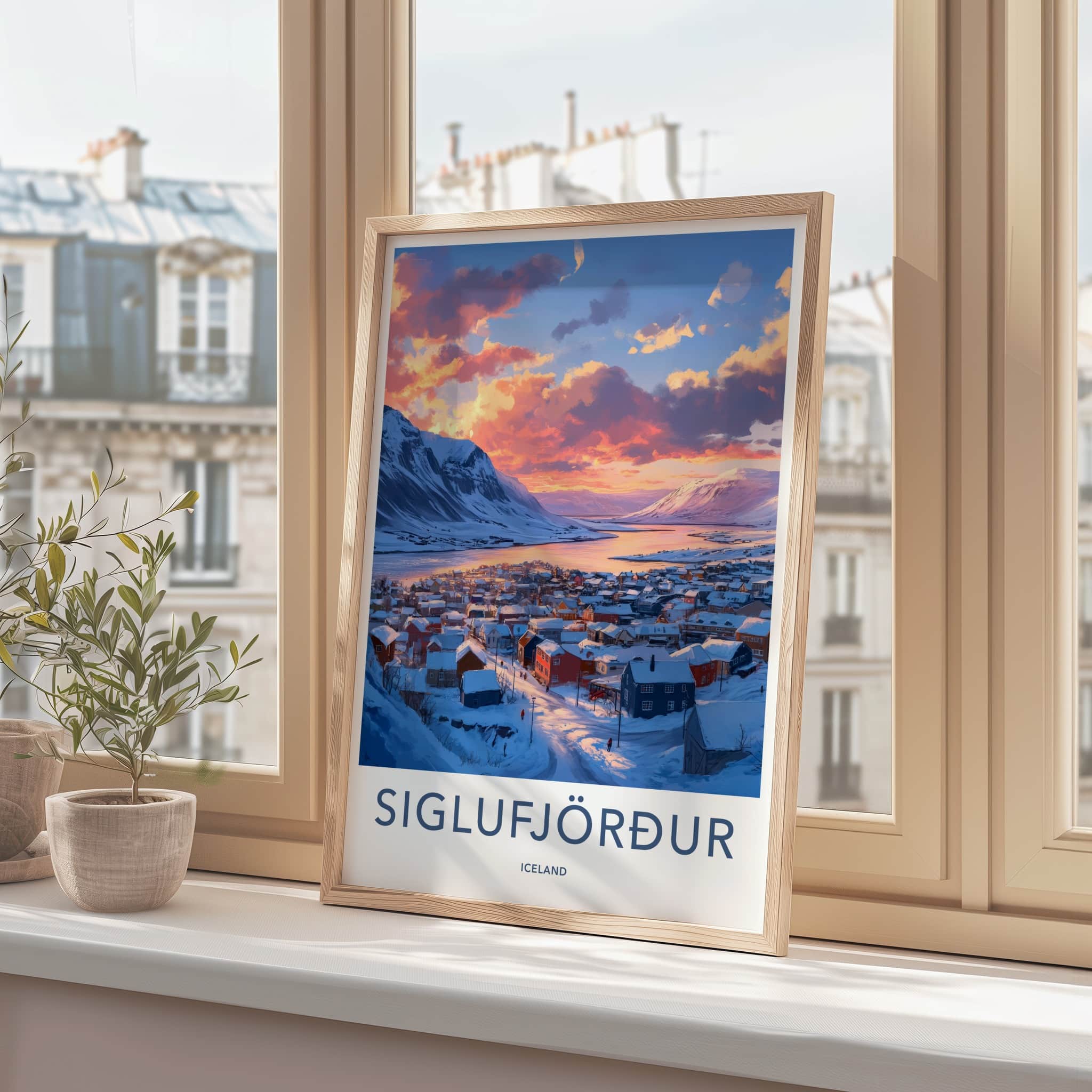 Siglufjordur Poster - Iceland Travel Art - Winter Village Sunset Home Decor