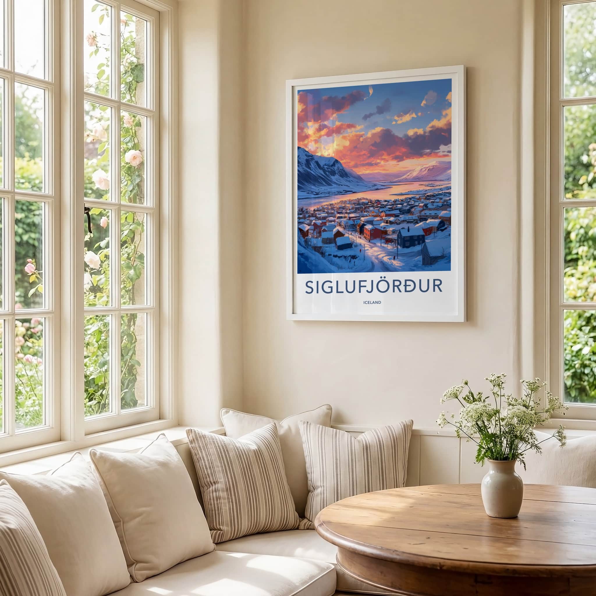 Siglufjordur Poster - Iceland Travel Art - Winter Village Sunset Home Decor