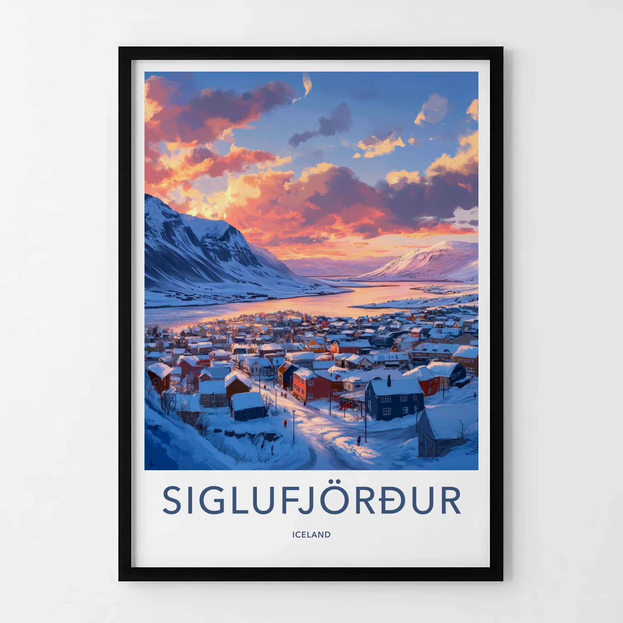 Siglufjordur Poster - Iceland Travel Art - Winter Village Sunset Home Decor