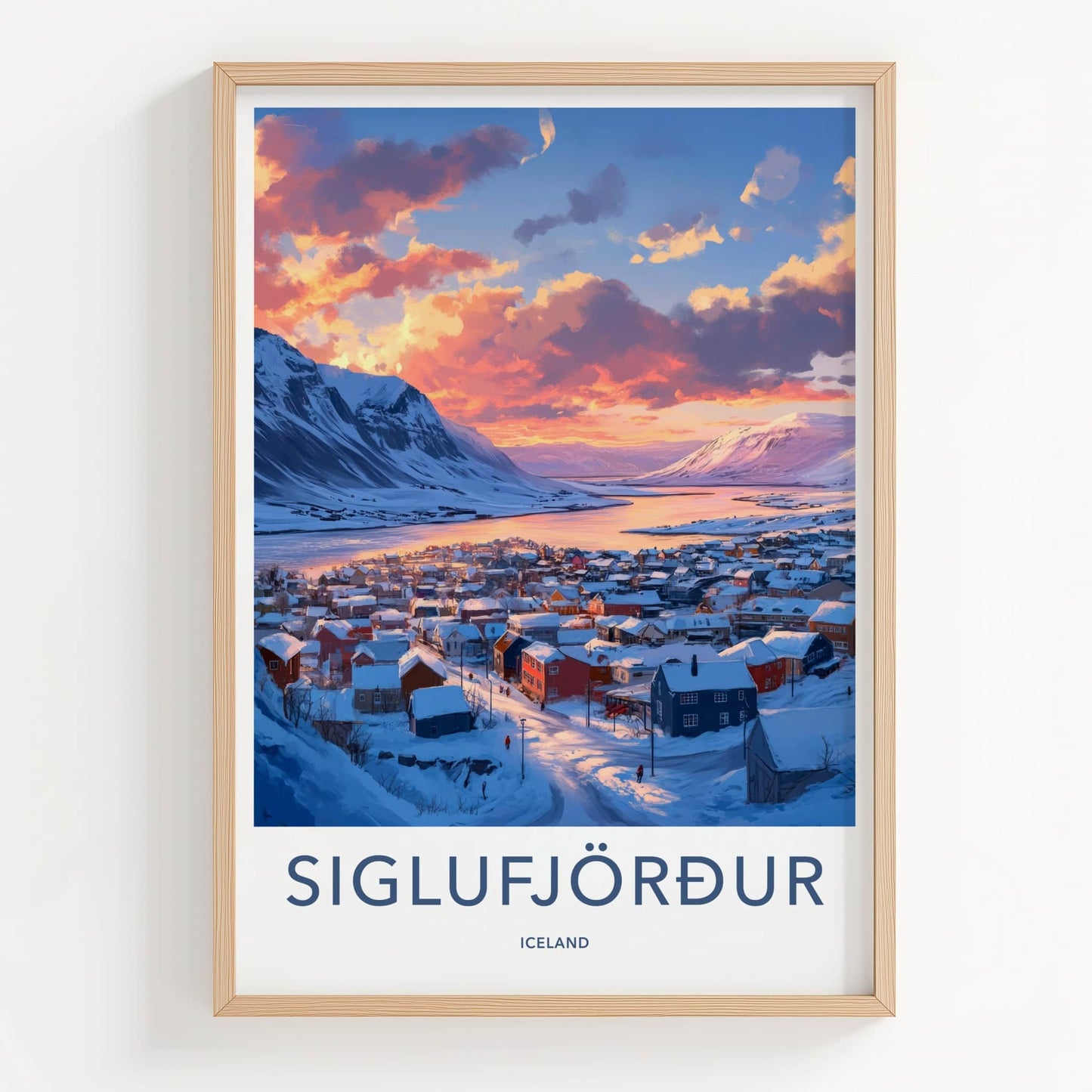 Siglufjordur Poster - Iceland Travel Art - Winter Village Sunset Home Decor