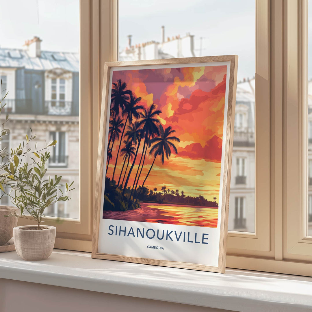 Sihanoukville Poster - Cambodia Travel Art - Fiery Beach Sunset Home Decor