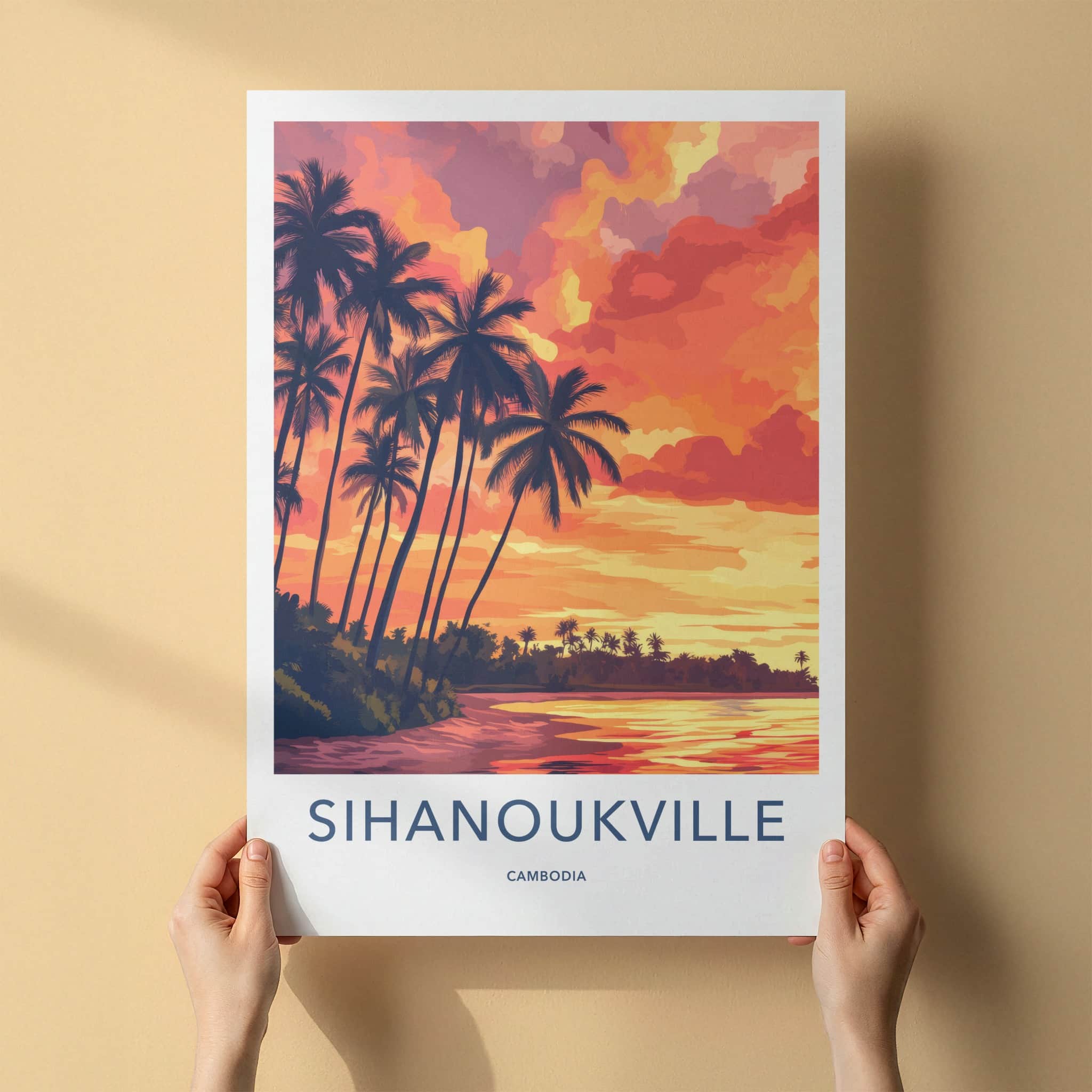 Sihanoukville Poster - Cambodia Travel Art - Fiery Beach Sunset Home Decor