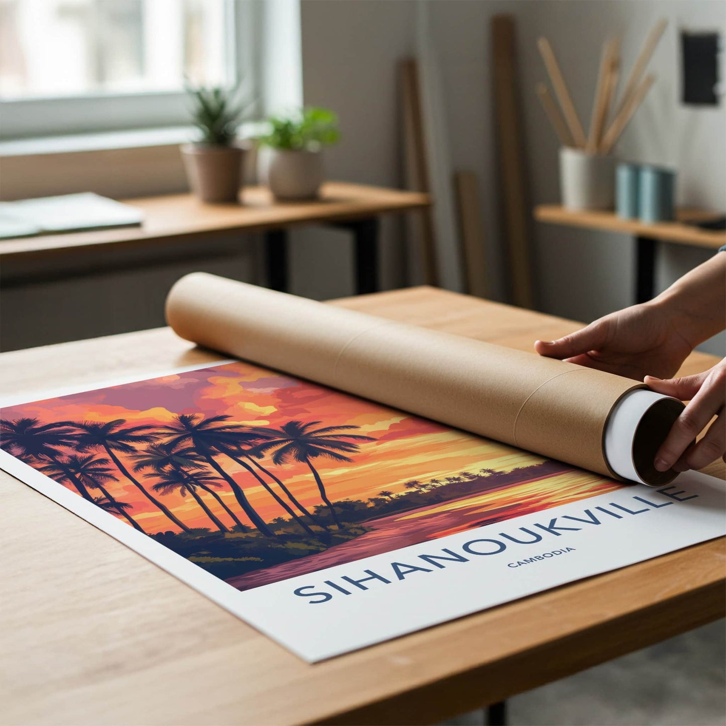 Sihanoukville Poster - Cambodia Travel Art - Fiery Beach Sunset Home Decor