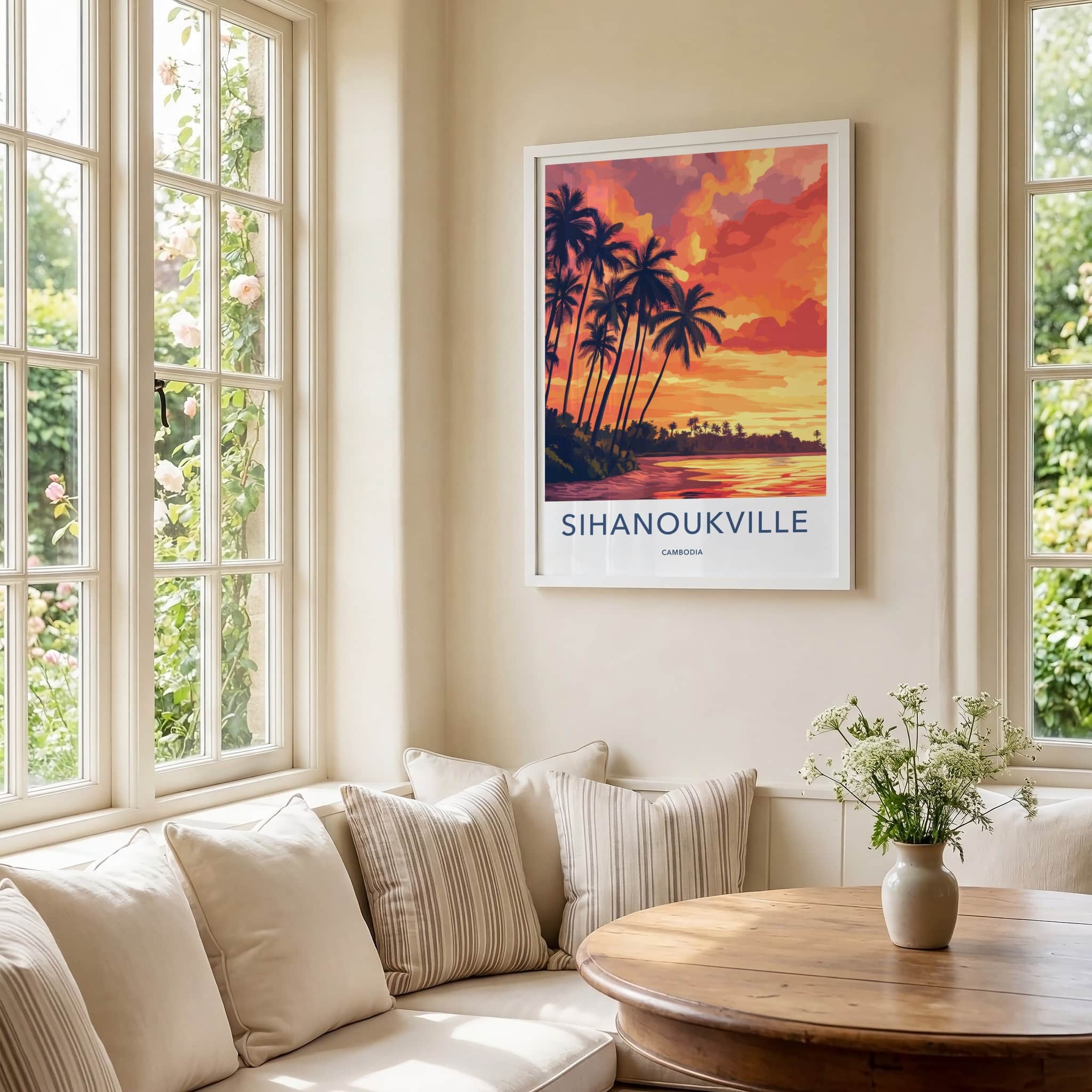 Sihanoukville Poster - Cambodia Travel Art - Fiery Beach Sunset Home Decor