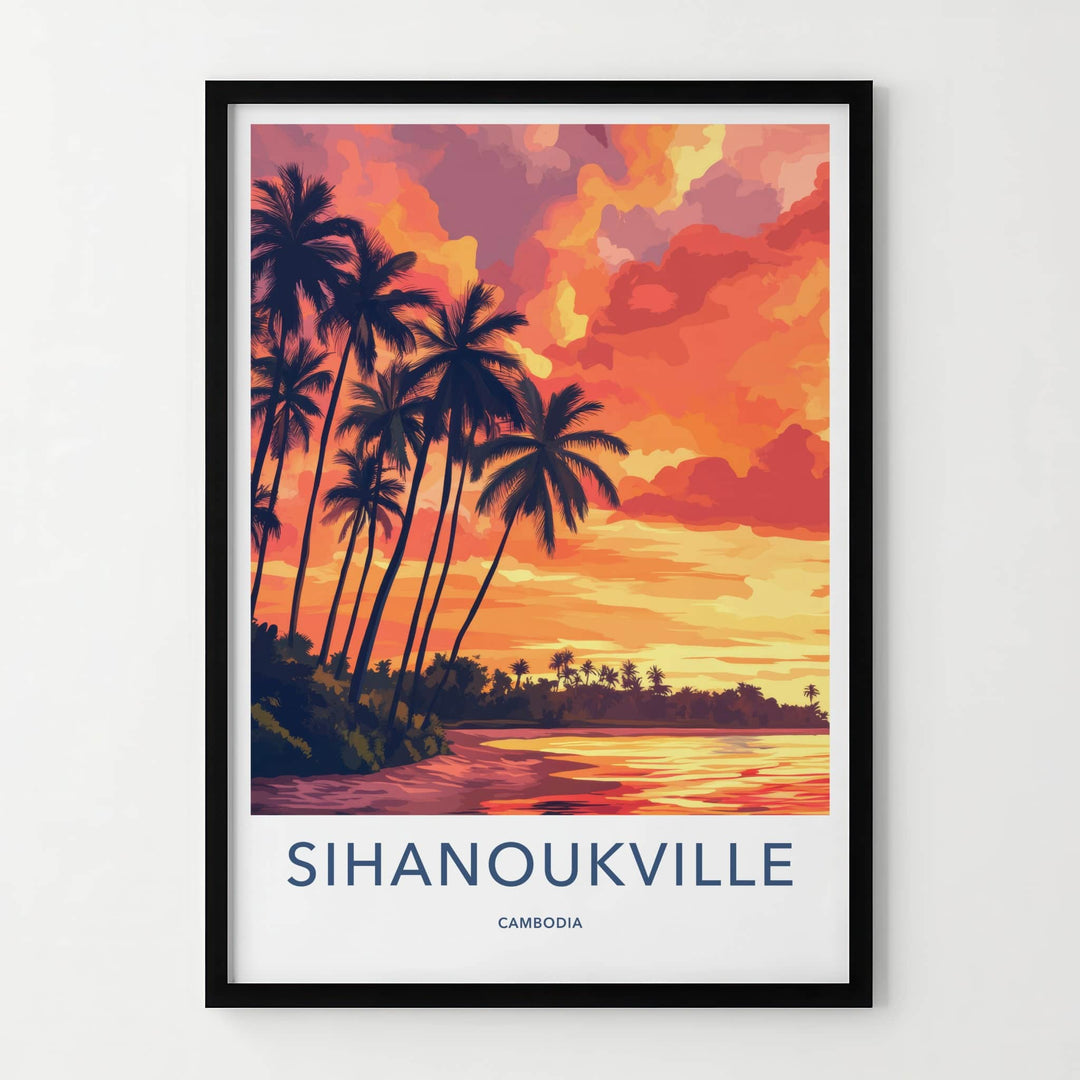 Sihanoukville Poster - Cambodia Travel Art - Fiery Beach Sunset Home Decor
